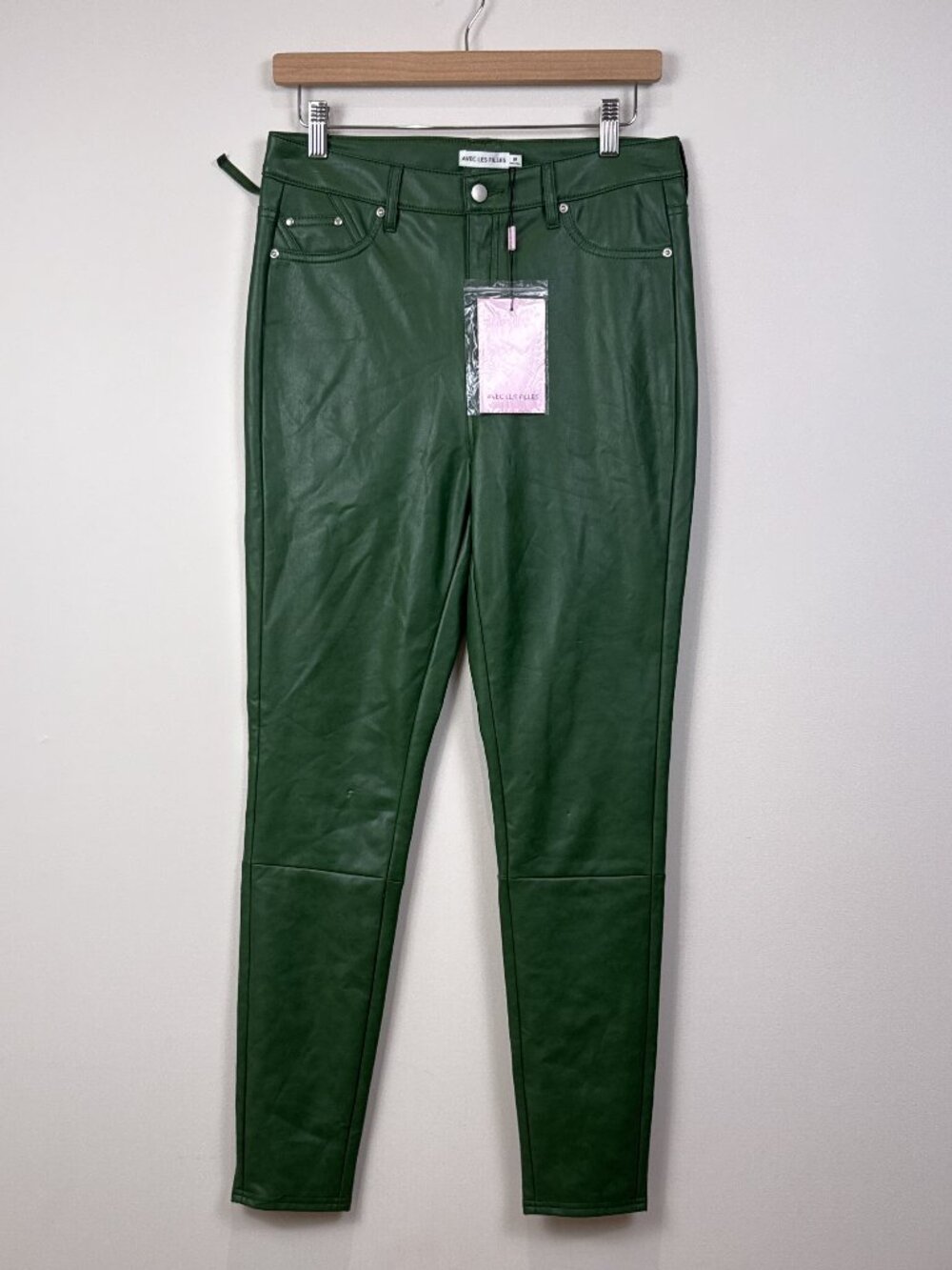 Avec Les Filles Womens Green Faux Leather Pants Skinny Leg Stretch Trousers M